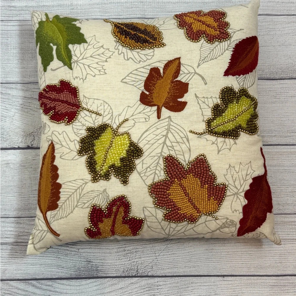 Pier 1 Beaded Autumn Leaves Decorative Throw Pillow 16” Fall Harvest